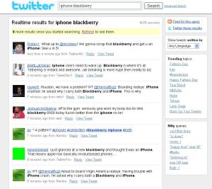 Twitter Search com termos iPhone x Blackberry